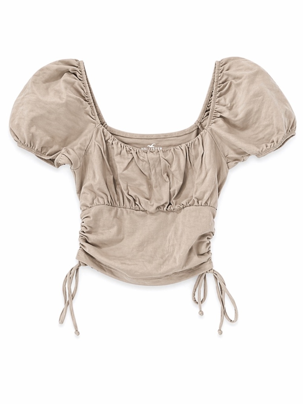 Hollister Milkmaid Crop Top Size Small Puff Sleeve Ruched Side Tie Taupe Boho
